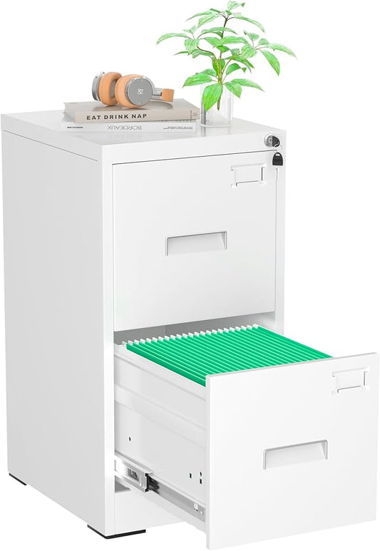 Pataku 2 Drawer File Cabinet with Lock, Sturdy Metal Vertical Filing Cabinets for Home Office, Under Desk Paperwork Storage Fully Extendable Slides Letter Legal A4 Size 18x15x28 Inches, White
