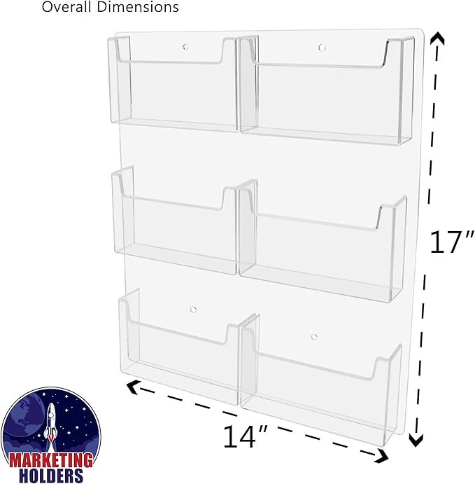 Marketing Holders Postcard Holder Greeting Cards Wall Rack with Hanging Hardware 6 Pocket Bin Holds 6" x 4" Printed Material Plastic Clear Memos and Messages Display for Cruise and Airports