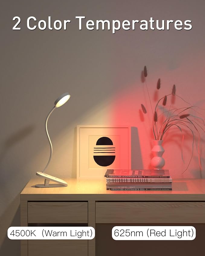 Diomart Rechargeable LED Desk Lamp, Clip on Dimmable Reading Light with Timer, Red Light Sleep Aid Bedside Lamp for Workbench, Kids, Studying, Home