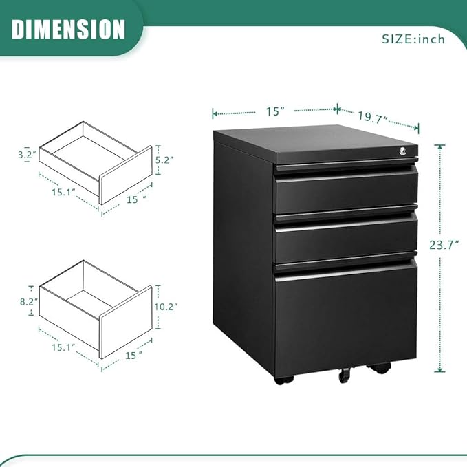 INVIE 3 Drawer File Cabinet with Lock, Metal Vertical Filing Cabinet Under Desk for Legal Letter File Anti-tilt Design Office Mobile Cabinet(Black A