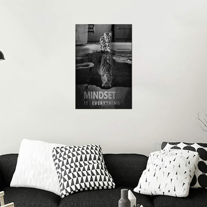Inspirational Canvas Wall Art with Cat and Tiger Picture Motivational Quotes Mindset is Everything Canvas Painting Entrepreneur Office Wall Decor Artwork Framed Ready to Hang - 12''W x 16''H