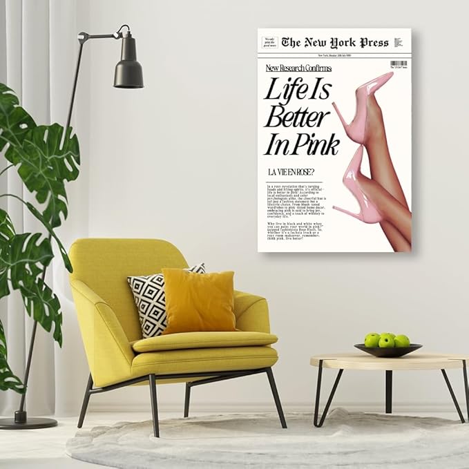 Balsuka Trendy Baby Pink Hot Girl Poster Life Is Better In Pink Newspaper Wall Art Retro High Heel Picture 70s News Headline Canvas Prints Aesthetic Decor for Girly Bedroom Dorm 24x36inch Unframed
