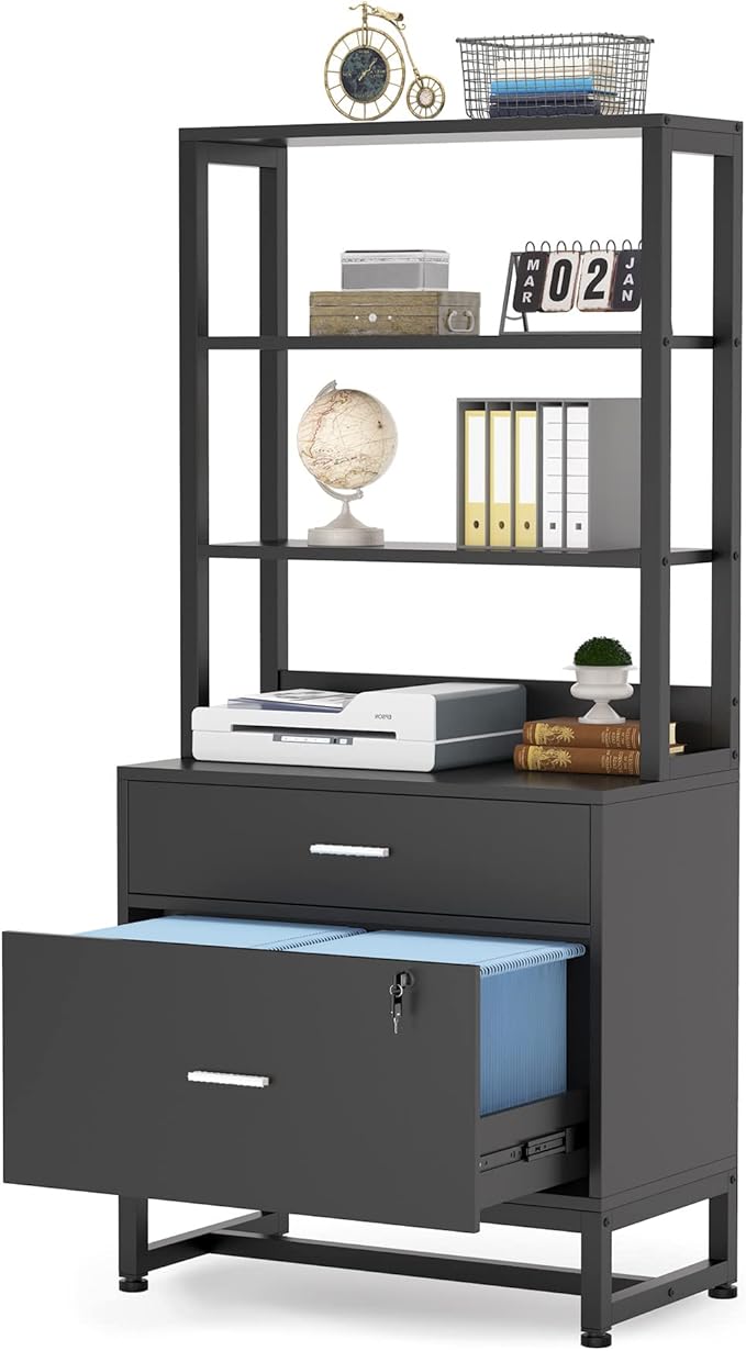 Tribesigns 2 Drawer Lateral File Cabinet with Lock, Letter Size Large Modern Filing Cabinet Printer Stand with Open Storage Shelves for Home Office, Black