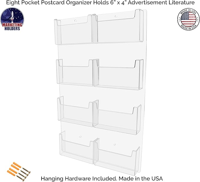 Marketing Holders Post Card Holder Acrylic 8 Pocket Holds 6" Printed Media Hanging Hardware Included Use at Shops Motels Airports and Transportation Centers Historical Sites Retail Stores Clear
