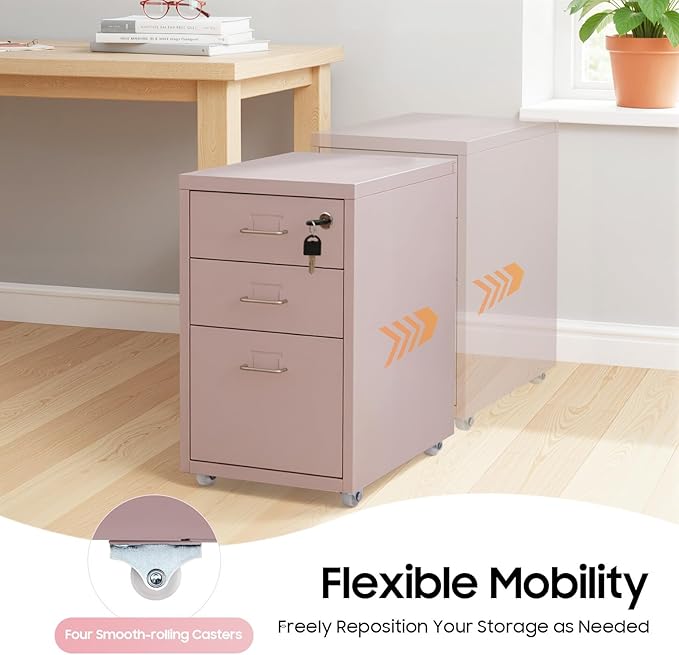 3 Drawer Vertical File Cabinet, Filing Cabinets for Home Office, Metal Vertical File Storage Cabinet with Lock, Locking File Cabinet for Office, Study, Dresser, 11" W x 16" D x 18.3" H, Black (Pink)