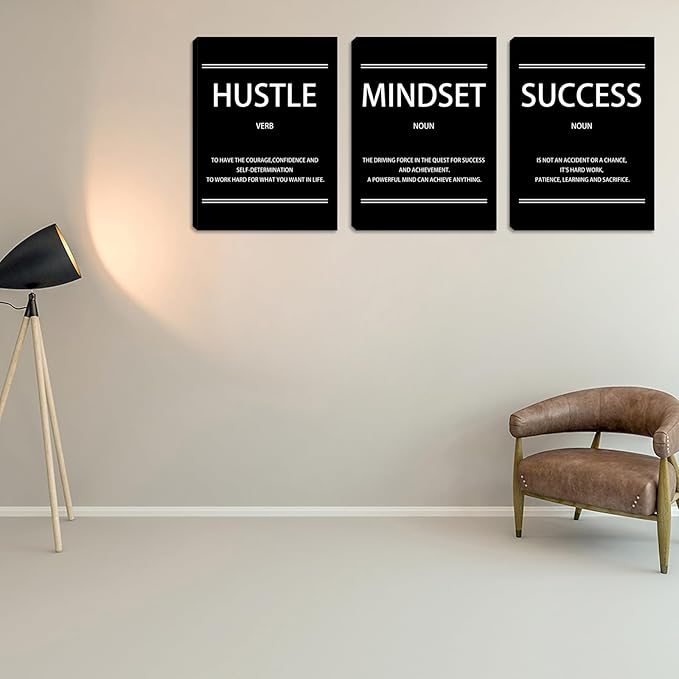 Hustle Mindset Success Wall Art, 12 x 16 Inch Motivational Canvas Wall Art for Living Room, Inspirational Quotes Painting Poster for Bedroom Classroom Meeting Room Office, Ready to Hang - 3pieces