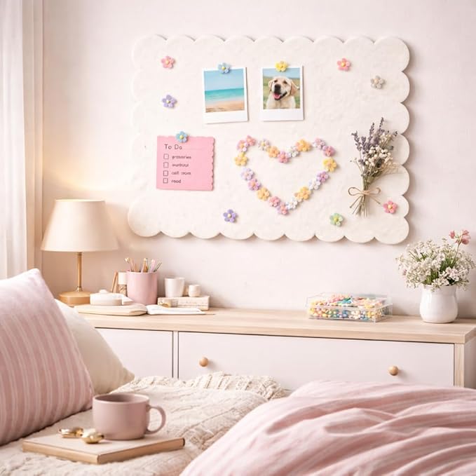 Scalloped Felt Bulletin Board 24x18 in, Thick PET Felt Pin Board, Heat-Pressed Flat, Self-Adhesive Mount, Push Pin Friendly Photo/Card Display for Home, Office, Crafts, Planning, Jewelry (Oatmeal)