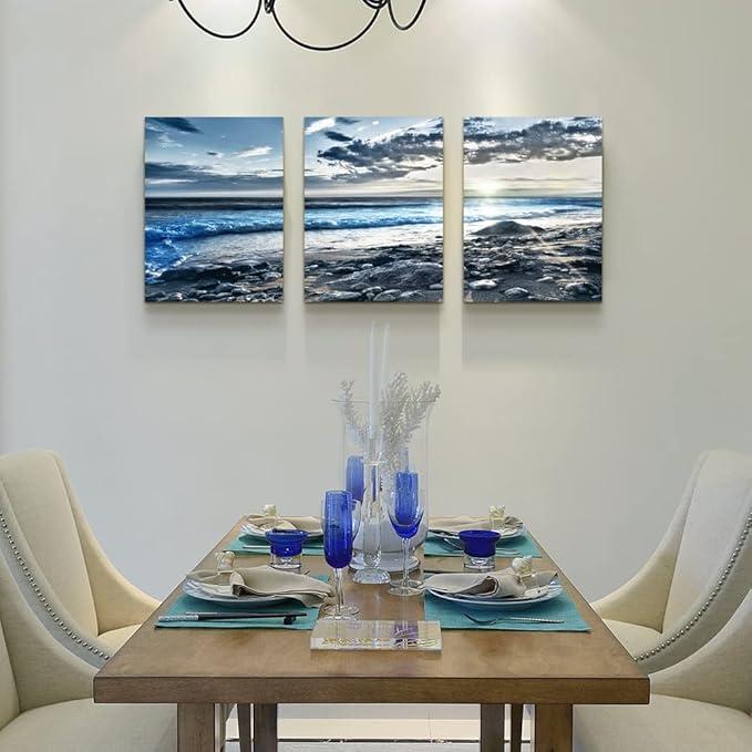 Lapremoly Canvas Wall Art For Living Room Framed Wall Decor For Bedroom Office Decorations Blue Beach Seascape Wall Pictures Ocean Landscape Painting Poster Prints Artwork Home Walls Decor 3 Piece