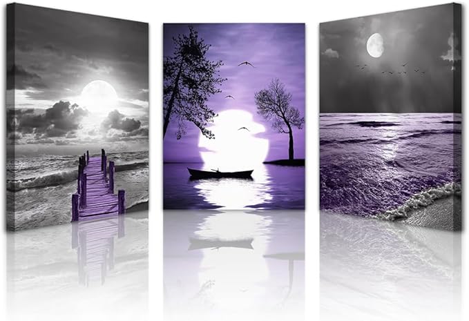 Lapremoly Black And White Purple Ocean Landscape Large Wall Decor For Living Room Canvas Wall Art For Bedroom Wall Painting Office Bathroom Wall Decor Family Posters Modern Home Decorations 3 Piece