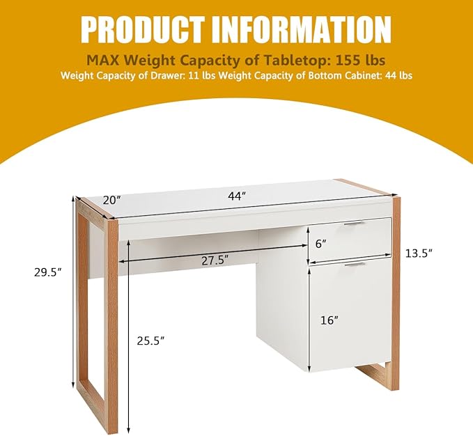 Tangkula Wooden Home Office Desk with Drawer & Cabinet, PC Laptop Workstation Study Writing Desk, Ideal for Bedroom Home Office (White & Natural)