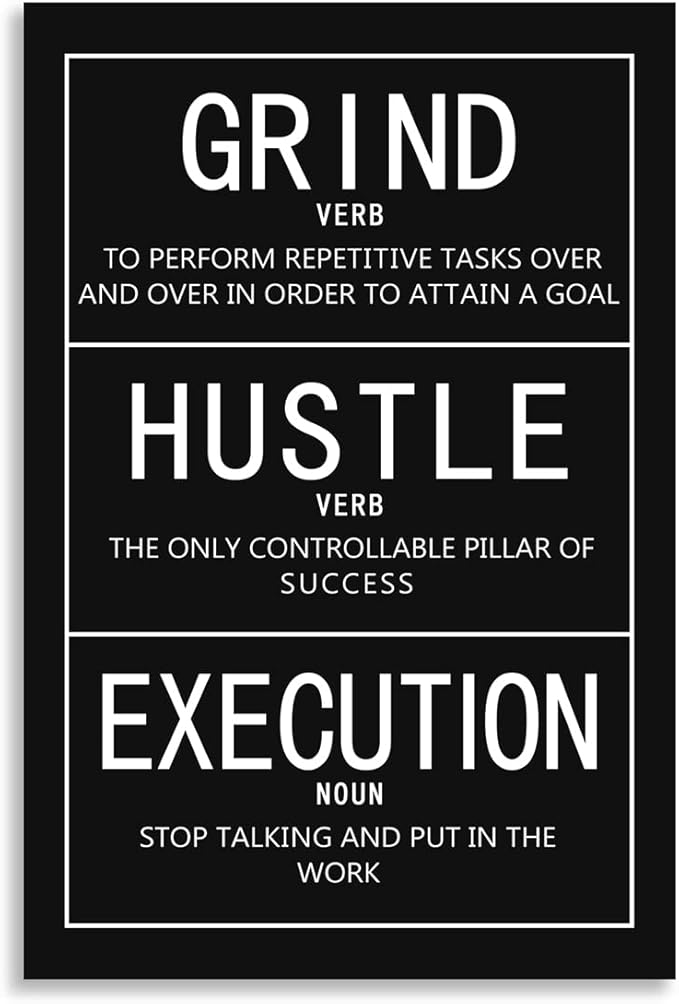 Motivational Canvas Office Wall Art Inspirational Entrepreneur Quotes Grind Verb Hustle Verb Execution Noun Poster Print Artwork Painting Wall Picture Home Office Framed Ready to Hang[24″W x 36″H]
