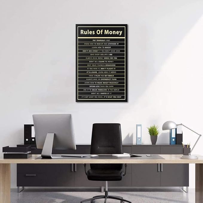 Rules Of Money Motivational Wall Art Canvas Print Office Decor Financial Poster Entrepreneur Millionaire Inspirational Quote Framed Easy to Hang-24 inch x 36 inch