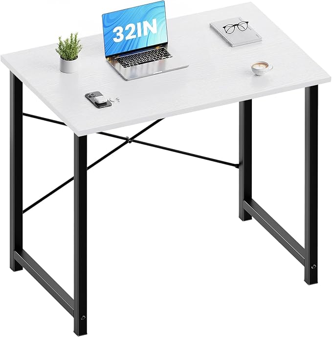 OLIXIS Small Computer Desk for Home Office, 32 Inch Writing Desk for Small Spaces, Study Table with X-Shaped Reinforcement, Sturdy Bedroom Table with Metal Frame, Easy Assembly, Black&White