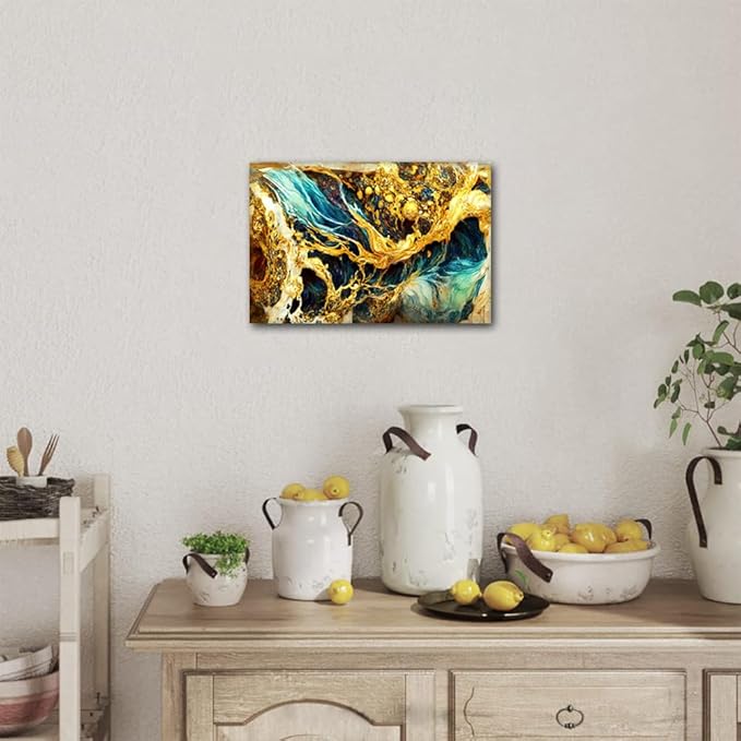 Abstract Canvas Wall Decor Marble Art Picture Artwork Seawater and Flames Poster Printing Modern 1 Panel Canvas Art for Men Lady Living Room Decoraiton Stretched and Framed Ready to Hang 18x12 in
