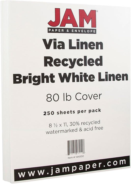 JAM PAPER Strathmore 80lb Cardstock - 8.5 x 11 Coverstock - 216 gsm - Bright White Linen - 30% recycled - 250 Sheets/Ream