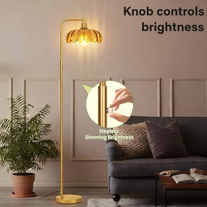 Glass Floor Lamp for Living Room, Dimmer Standing Lamp with Green Ribbed Lampshade,66” Tall Lamp & Gold Floor Lamp for Bedroom Study Room,Brushed Gold (Flower Amber Glass Shade)