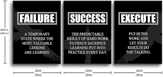 Inspirational Poster Home Wall Decor Motivational Canvas Painting Wall Art Failure Success Execute Noun 3 Pieces Positive Prints Picture Artwork School Office Decor Framed[36" W X 16" H]