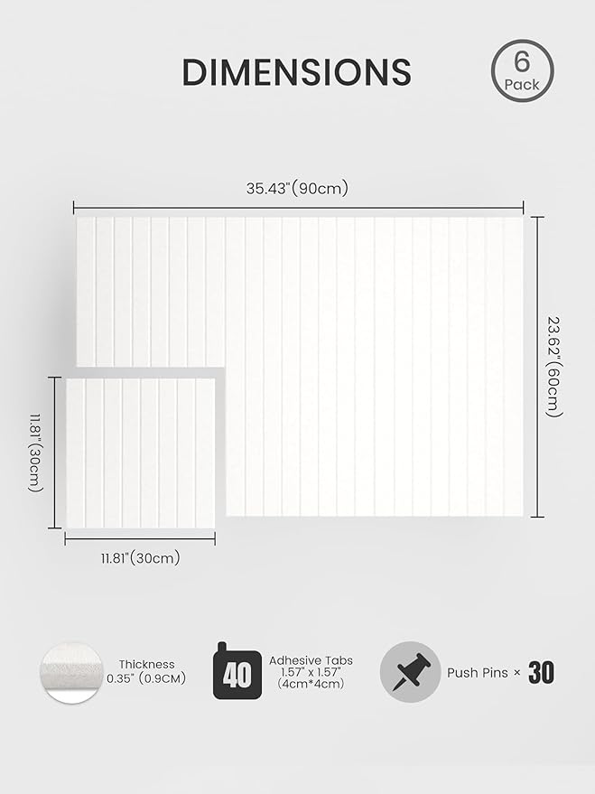 Bumusty Large Cork Board Alternative-36 x 24" Felt Bulletin Board Tiles, with 30 Pushpins, 40 Adhesive Tabs, 6-Pack Slat Wall Paneling, Cork Boards for Office Push Pin Board Felt Board-Milky White