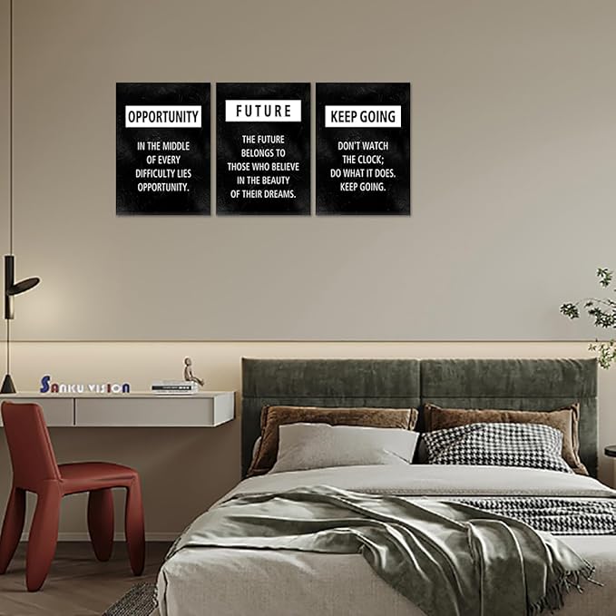 Motivational Wall Art Framed Positive Quotes Canvas Picture Opportunity Future Keep Going Inspirational Wall Decor Black Encourage Words Prints Affirmation Poster Modern Office Artwork, 20x28 inx3PCS