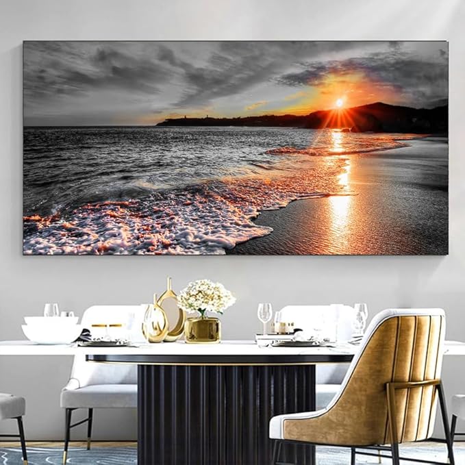 Yxbhhym-Large Pictures for Living Room Wall Décor Black and White Beach Canvas Wall Art Bedroom Ocean Room Décor Seascape Paitnings Poster Sea Sunset Print Art Morden Framed Home Office Artwork