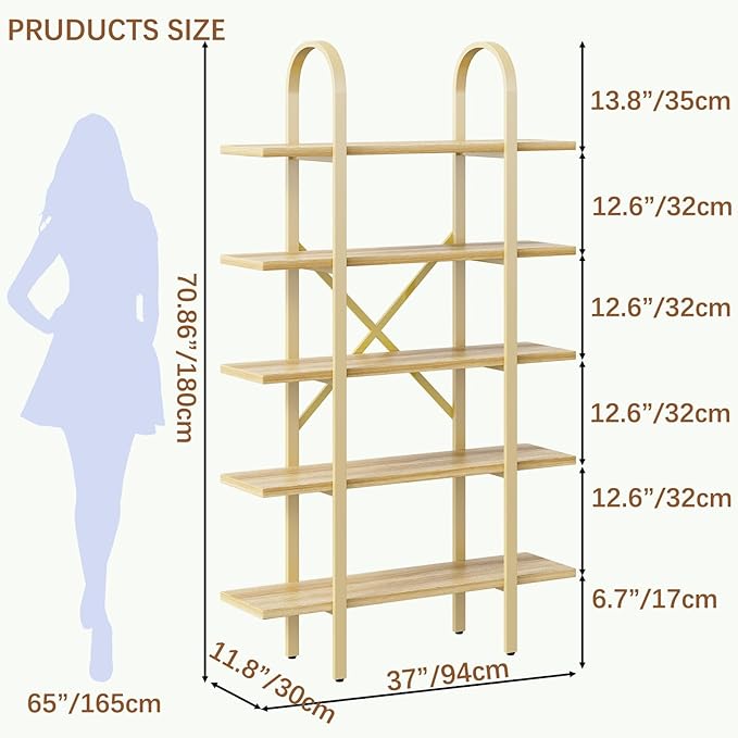Wide Bookshelf Arched Bookcase, Industrial 5 Tier Open Book Shelves with Metal Frame, 72" Tall Freestanding Heavy Duty Display Rack for Home Office, Living Room,Nature Wood & Gold,Easy Assembly