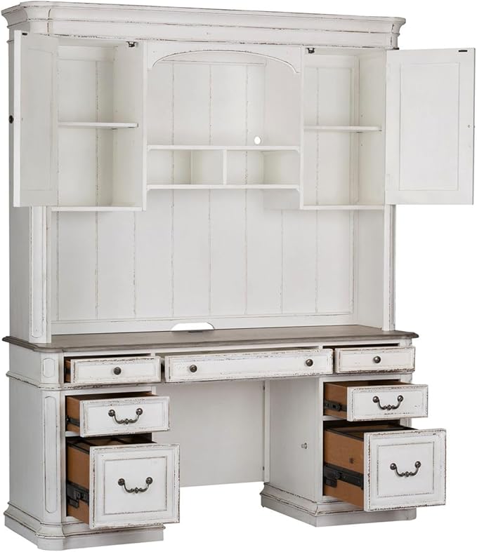 Liberty Furniture Magnolia Manor Complete 5 Piece Desk Set for Home Office - Antique White & Weathered Bark