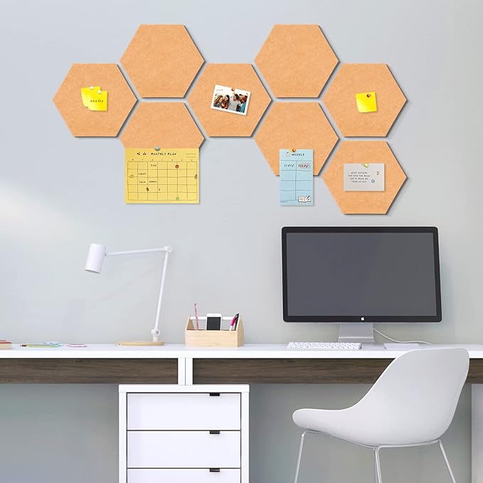 Bulletin Board Hexagon Pin Board 8 Pack, Felt Board Tiles 20 Push Pins Alternative to Cork Board for Wall Damage-Free, Decorative Notice Board Memo Board for Home Office School