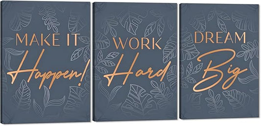 3 Panel Motivational Wall Art - Dream Big Work Hard Make It Happen Quotes On Canvas Inspirational Wall Decor Office Picture Artwork Entrepreneur Poster Modern Positive Print for Home, Framed 20"x28"x3