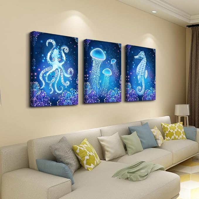 DZRWUBHS Wall Art For Living Room Bedroom Large Wall Decor Blue Ocean Life Theme Art Prints Wall Artworks Sea Animal Sea Horse Octopus Jellyfish Pictures Bathroom Modern Home Decor Painting Posters