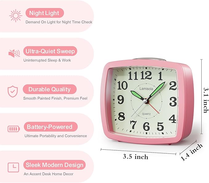 Battery Analog Travel Alarm Clock, Small Clock for Bedroom, Desk Table Shelf Clocks for Room Office Bathroom Vanity, Aesthetic Retro Clocks for Kids Girls, Pink