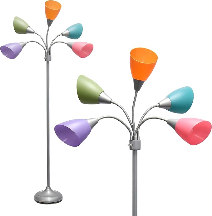 Simple Designs LF2006-SLM 67" Contemporary Multi Head Medusa 5 Light Adjustable Gooseneck Silver Floor Lamp with Fun Light Multicolored Shades for Kids Bedroom Playroom Living Room Office