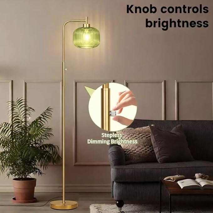 Glass Floor Lamp for Living Room, Dimmer Standing Lamp with Green Ribbed Lampshade,66” Tall Lamp & Gold Floor Lamp for Bedroom Study Room,Brushed Gold (Drum Green Glass Shade)