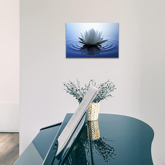 White Lotus Wall Art Canvas Pictures Print Spiritual Meditation Artwork Poster for Yoga Room Bathroom Zen Spa Photo Decor Framed Ready to Hang(16x24inch)