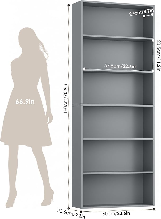 FOTOSOK 6-Tier Open Bookcase and Bookshelf, Freestanding Display Storage Shelves Tall Bookcase for Bedroom, Living Room and Office, Dark Gray