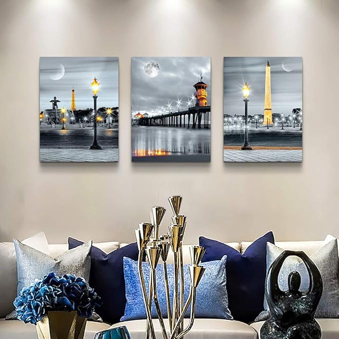 Lapremoly Framed Canvas Wall Art for Living Room Modern Large Wall Decor for Bathroom Family Bedroom Wall Decorations Night View Paintings Kitchen Canvas Art Hang Pictures Artwork 3 Pieces Poster