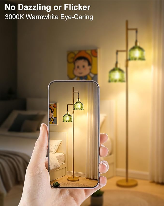 Lightdot 2- Light Gold Flower Floor Lamp, 65IN Green Glass Floor Lamps with 3000K Warm White Bulbs, Modern Standing Tall Lamp for Living Room Bedroom Home Office Corner Sofa Beside
