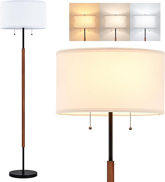 BTP Modern Floor Lamp for Living Room, 2-Light Wood Standing Lamp with Dual Switch, Tall Reading Standing Light for Bedroom Office Dining Room Farmhouse, 3 Color Temperatures 9W Bulbs*2 Included