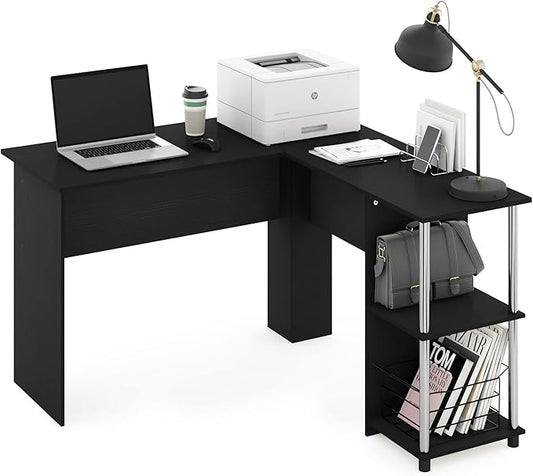 Furinno Abbott L-Shape Computer Desk with Stainless Steel Tubes Bookshelf, Americano/Chrome