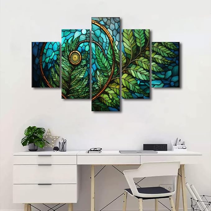 Canvas Wall Art for Home Modern 5 Panel Canvas Poster Stained Glass Style Canvas Wall Art Spiral Green Leaf Picture Prints for Living Room Decoration Stretched and Framed Ready to Hang 60x40 in