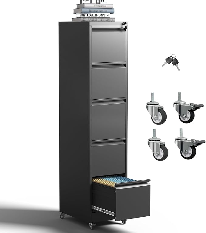 5 Drawer Rolling File Cabinet with Lock, Metal Filing Cabinets on Wheels, Vertical Steel Office Drawers Storage for Hanging Legal/Letter Folders, Require Assembly (Black)