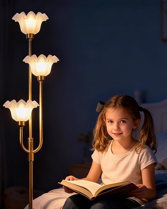 Lightdot 66IN Flower Floor Lamp 3-Lights Vintage Floor Lamps with 3000K Bulbs Included for Wedding Party Modern Dimmable Gold Tall Standing Lamp for Living Room/Bedroom/Sofa Beside/Corner Decor