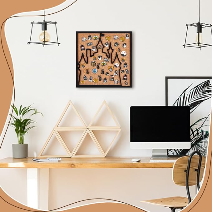 BENECREAT Square Castle Pin Board Cork Board, 11.8x11.8inch Bulletin Display Board Wall Mounted Cork Board with Black Frame for Brooch Pin Storage Display, Office Home and School Decor