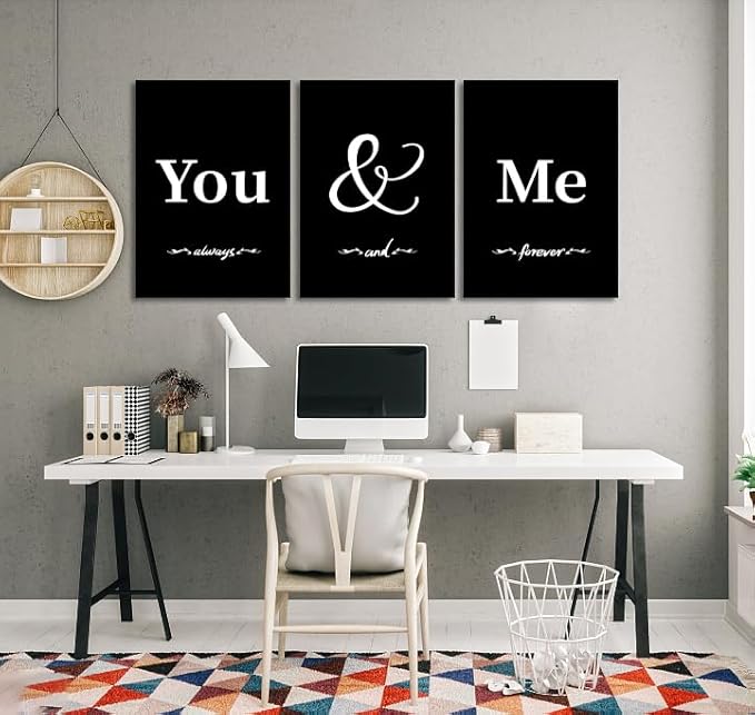 3 Panel You and Me Wall Art - Framed Romantic Bedroom Canvas Painting Black and White Wall Decor Inspiring Words Always & Forever Print Poster Modern Home Decor for Bathroom Living Room, 20" x 28"x 3