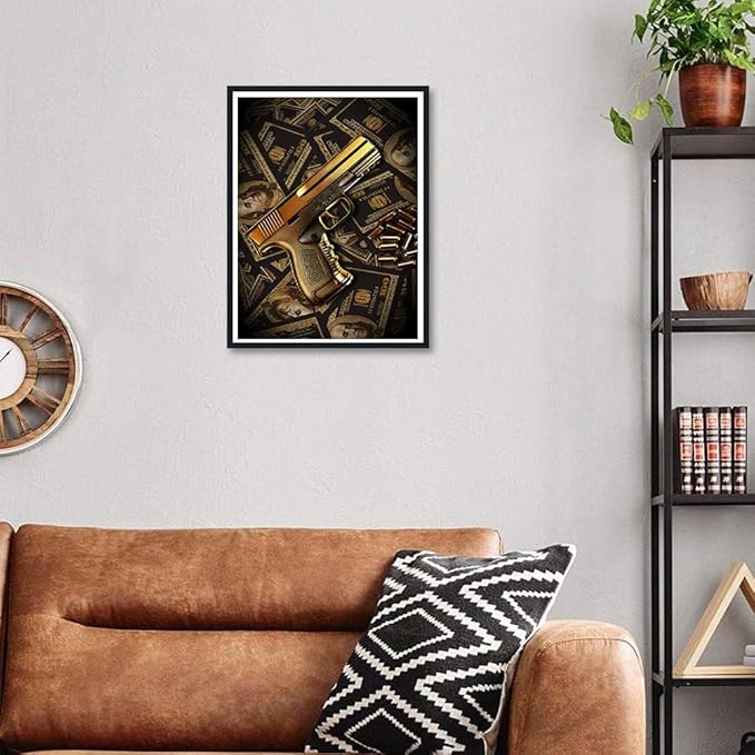 Money Wall Art Real 100 Bill Dollar Poster Cash Money Collection Gun Motivational Canvas Print Wall Decor for Office Home Living Room Decor Ready to Hang 12x16inch