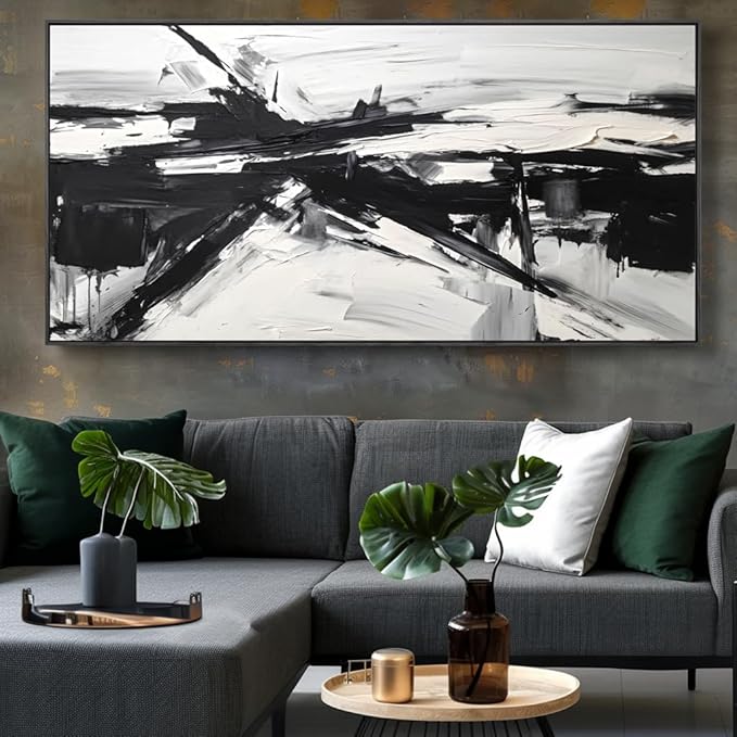 Wall Art Abstract Canvas Painting Black and White Modern Artwork for Living Room Bedroom Dining Room Home Office Decor 24"x48" with Framed