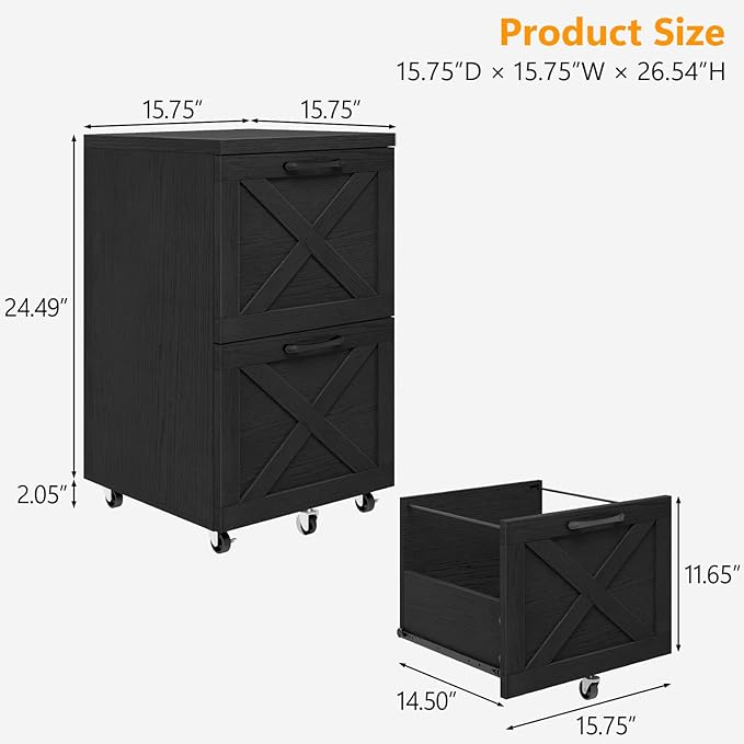 Vabches Farmhouse File Cabinet with 2 Drawers, Vertical Filing Cabinet on Wheels for Letter/A4 Size Hanging Files, Mobile File Cabinets Printer Stand for Home Office, Black