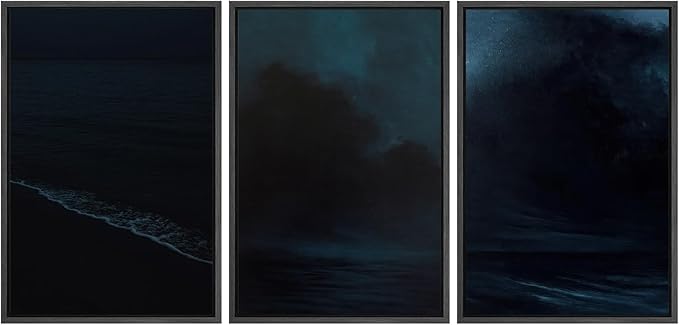 SIGNFORD Framed Wall Art Print Set Midnight Ocean Waves Dramatic Dark Seascape Digital Art Modern Art Contemporary for Living Room, Bedroom, Office - 24"x36"x3 Black