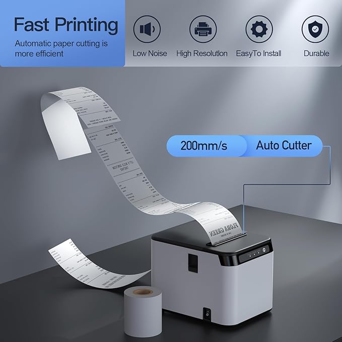 Bisofice 80mm Receipt Printer ESC/POS Thermal Printer Desktop Direct Print USB+LAN Connection High Efficiency with Auto Cutter Large Paper Bin for Shipping Business Restaurant Kitchen Supermarket