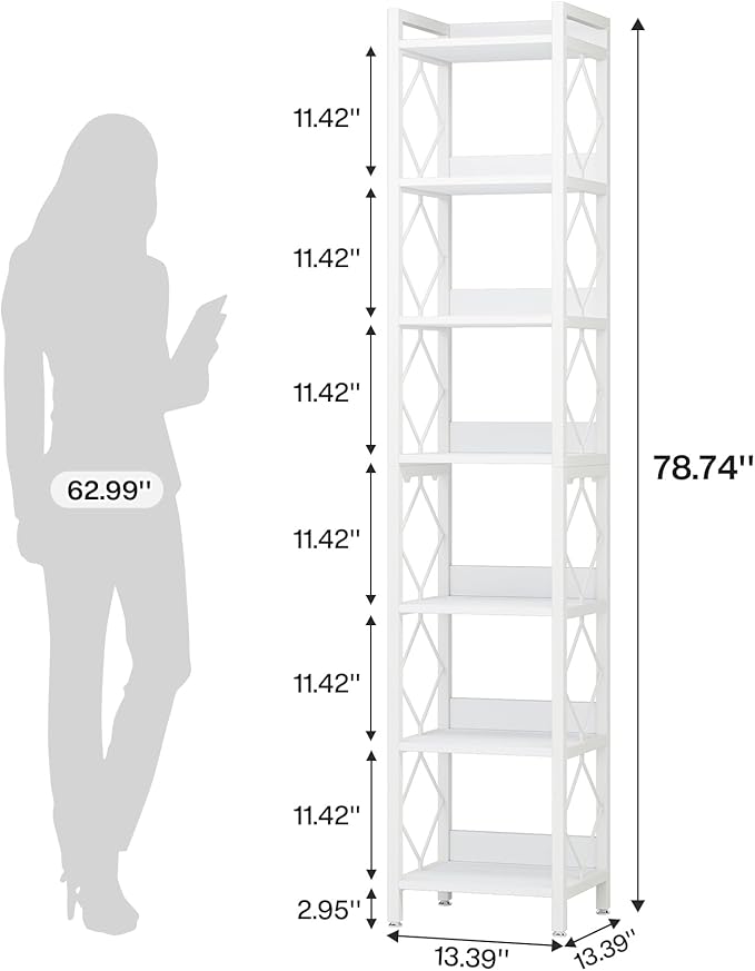 Tribesigns 78.7 Inch Extra Tall Narrow Bookshelf Set of 2, 7 Tier Skinny Bookcase for Small Spaces, Freestanding Display Shelves, Multifunctional Corner Storage Organizer for Home Office, White