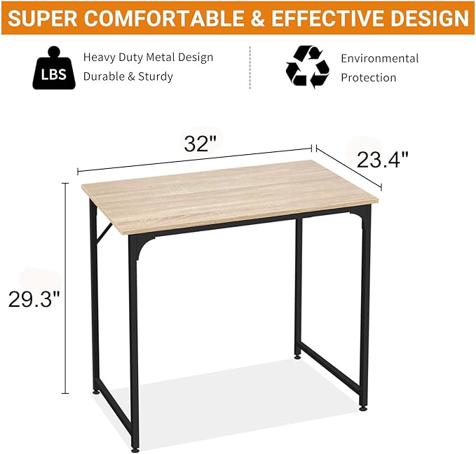 BLKMTY 32" Computer Desk. Home Office Writing Desk Wood PC Study Table Work Desks Modern Simple Style Laptop Table with Metal Frame and Smooth Tabletop for Workstation Bedroom, Nature
